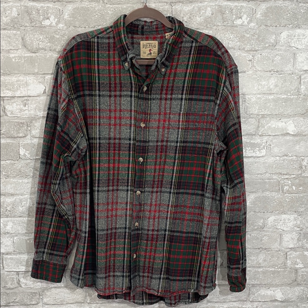 Red Head Men's Flannel Plaid Shirt - Grey, Red, and Green